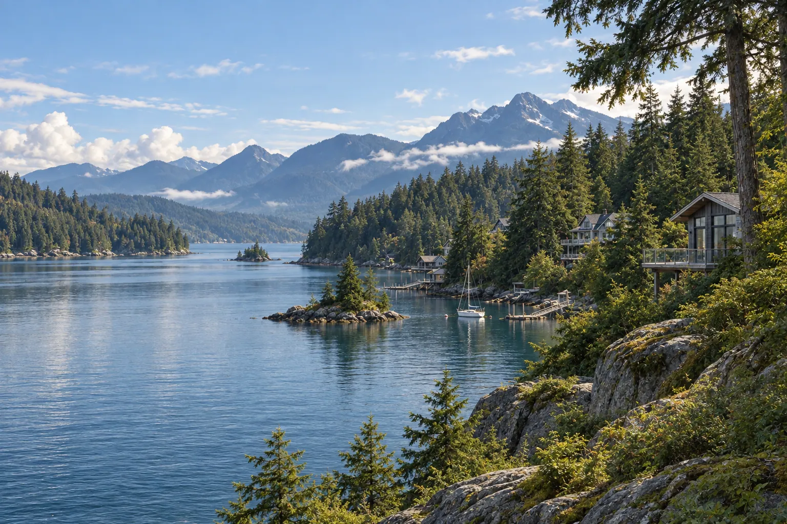 Photorealistic scene inspired by Belcarra, British Columbia