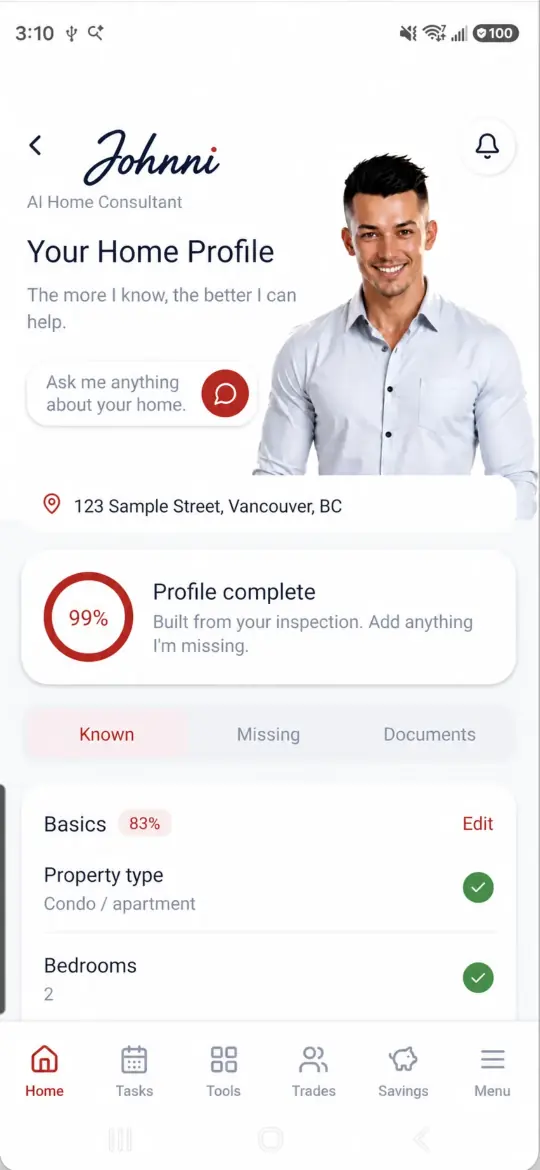 Johnni Home Profile showing known property details built from an inspection