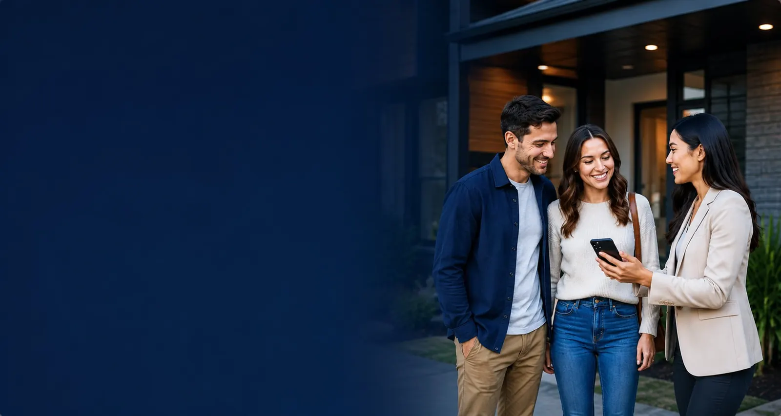 A real-estate agent showing the app to clients outside a home