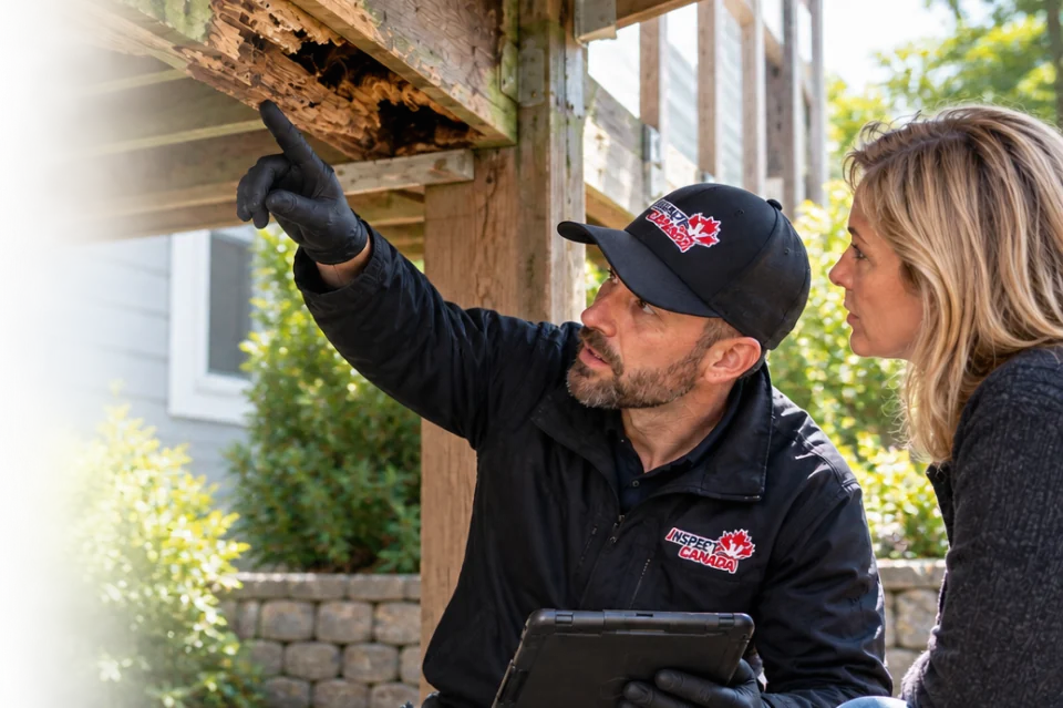 An Inspect Canada inspector showing a seller damage beneath an exterior deck